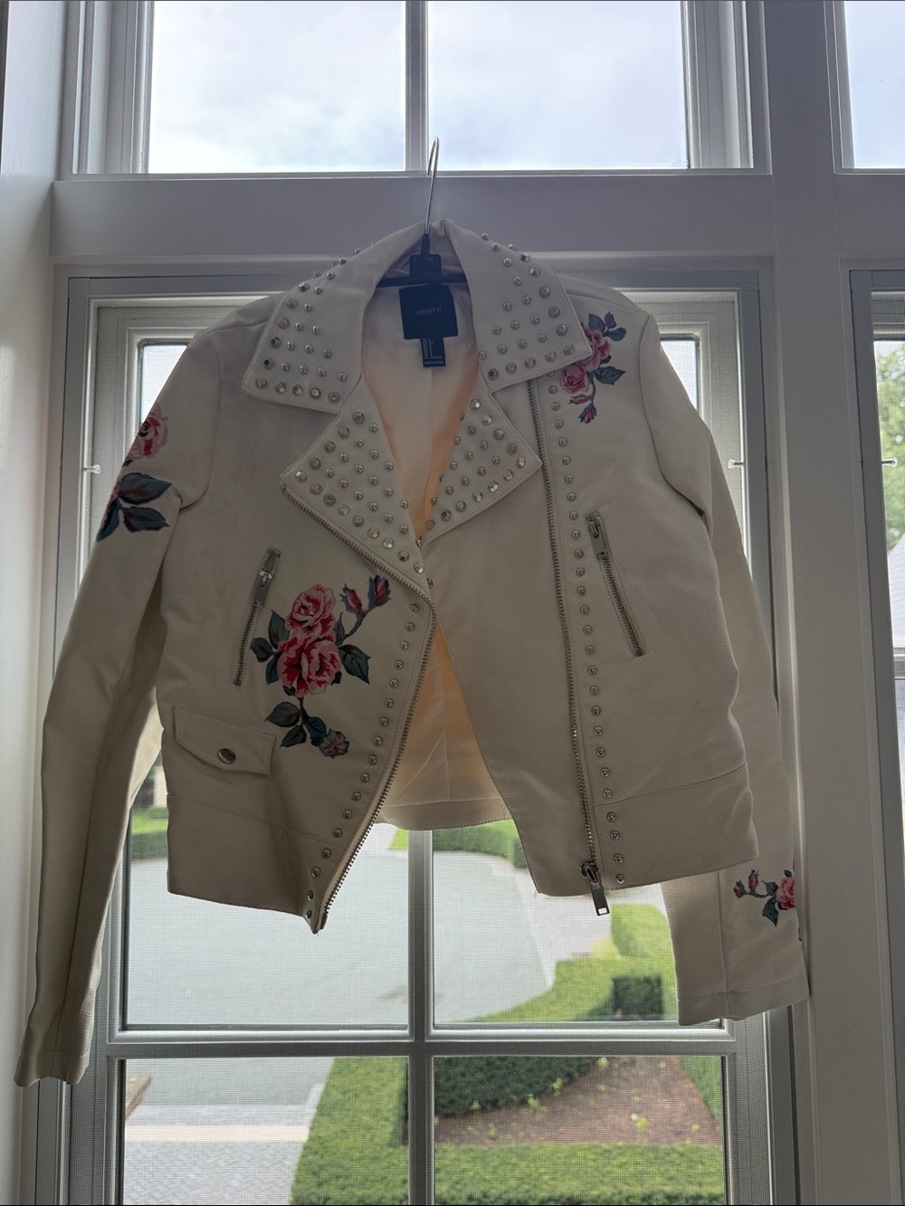 Forever 21 White Studded Moto Jacket with Rose Embroidery